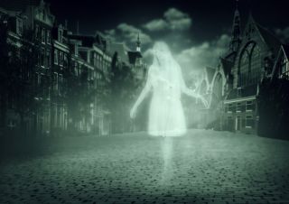 Ghost walks down the street in an old town.