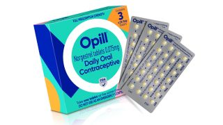 photo shows a colorful box labeled "Opill, daily oral contraceptive" which is next to three sealed packs of small white pills